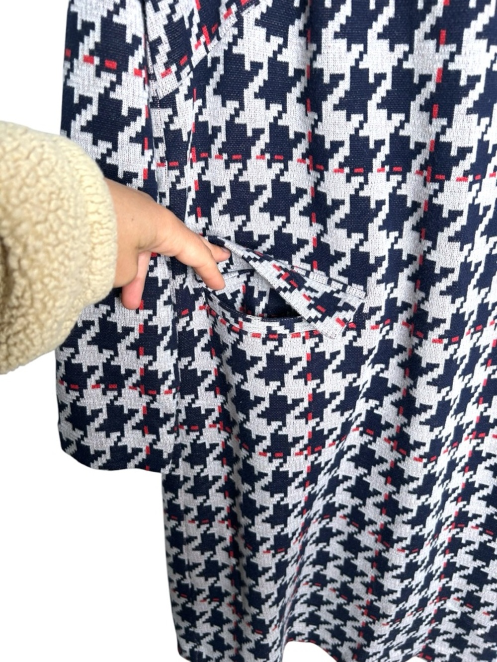 Boden 60’s Jacquard Houndstooth Sweater Shift Dress Blue Red White Size 10 Long - Picture 6 of 9